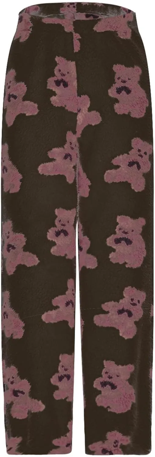 Fluffy Pants for Women Furry Pajamas Pants Cute Print Pj Bottoms Fleece Fuzzy Lounge Pants Comfy Warm Sleep Pants