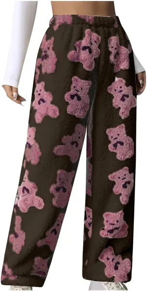 Fluffy Pants for Women Furry Pajamas Pants Cute Print Pj Bottoms Fleece Fuzzy Lounge Pants Comfy Warm Sleep Pants
