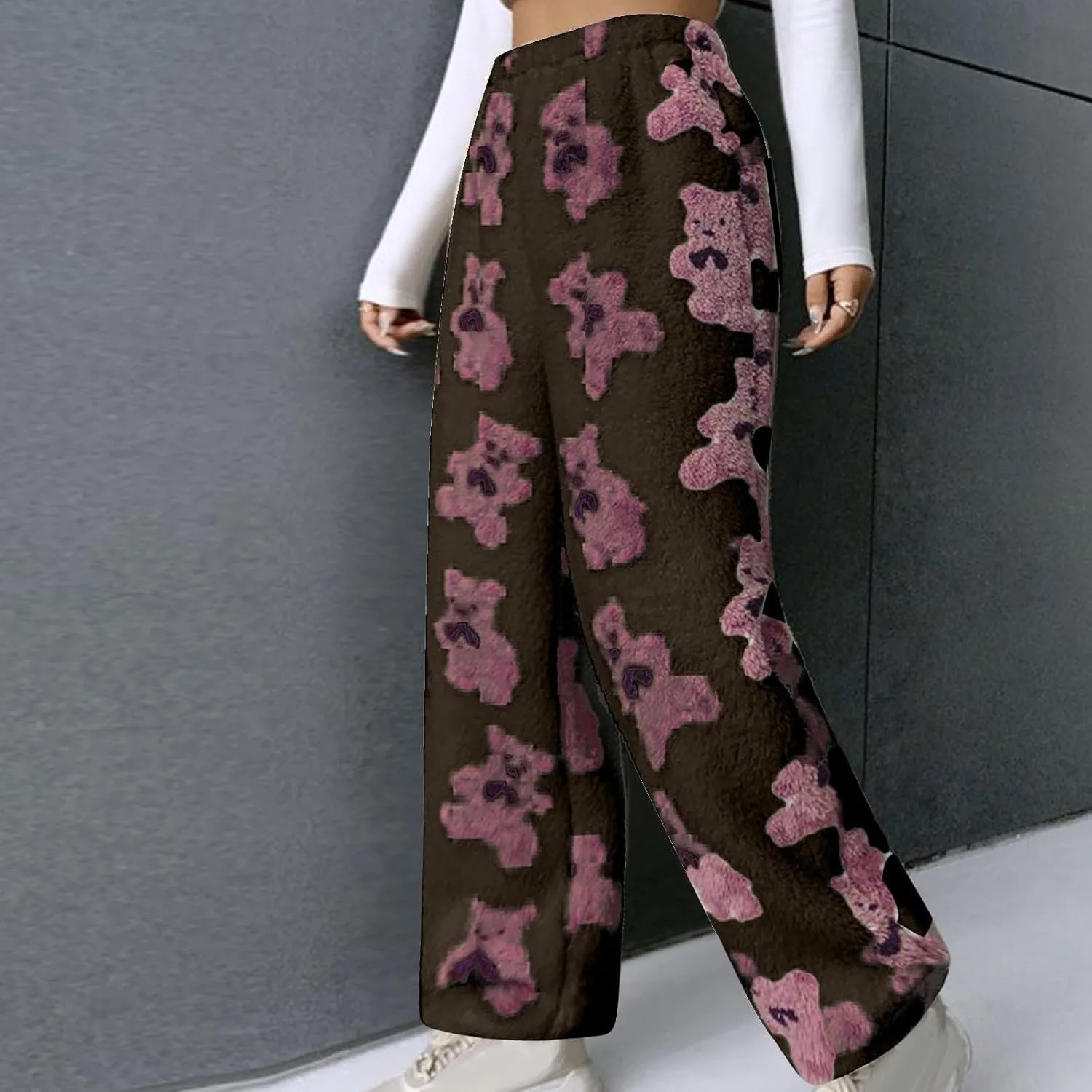 Fluffy Pants for Women Furry Pajamas Pants Cute Print Pj Bottoms Fleece Fuzzy Lounge Pants Comfy Warm Sleep Pants