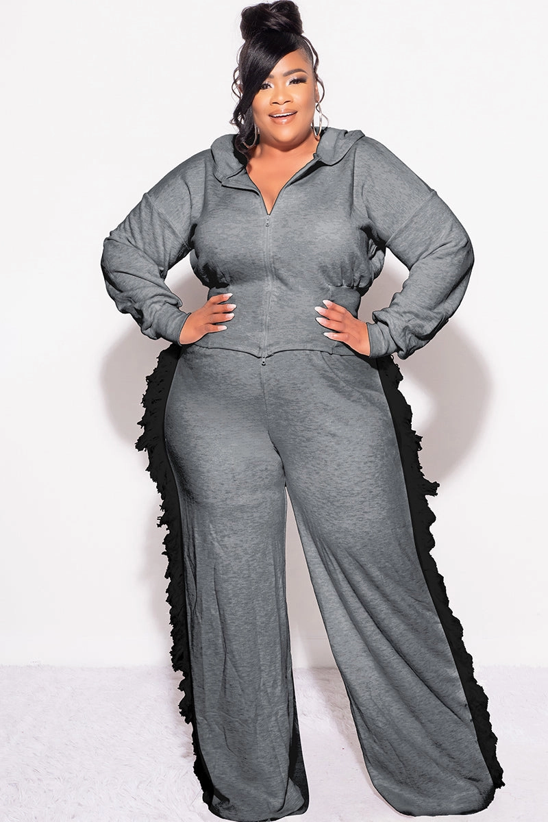 Final Sale Plus Size 2pc Hooded Pant Set in Charcoal with Black Tassels Relax Fit Wear Stretch Fit