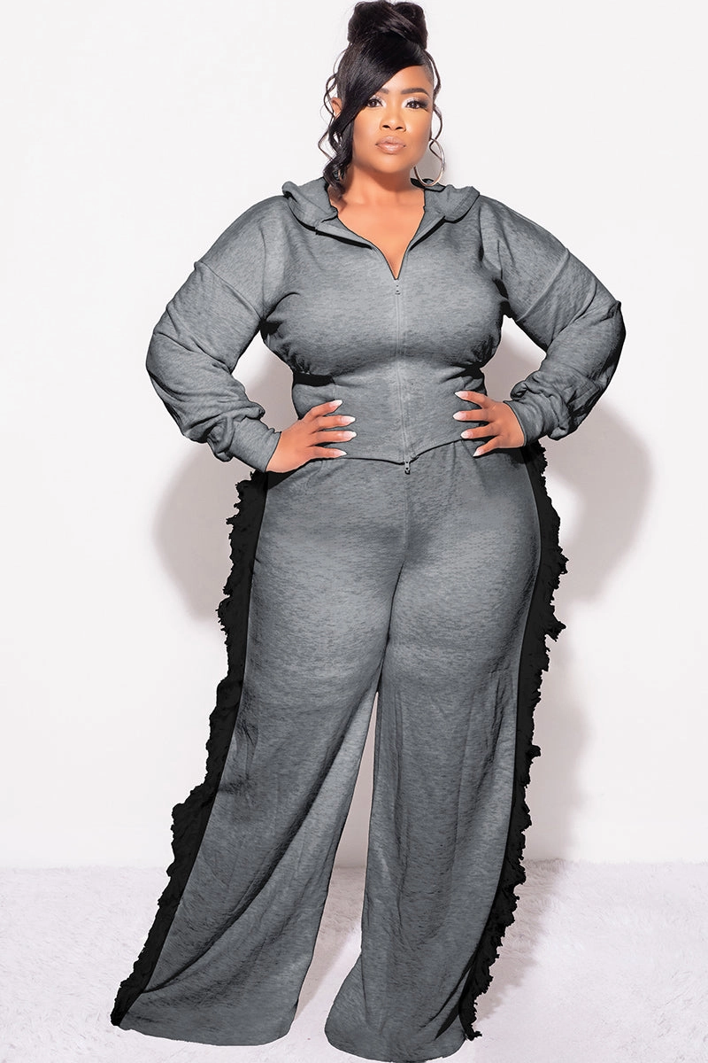 FunctionalZipper Light Coverage Final Sale Plus Size 2pc Hooded Pant Set in Charcoal with Black Tassels