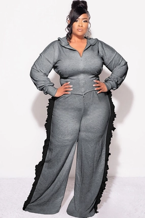 FunctionalZipper Light Coverage Final Sale Plus Size 2pc Hooded Pant Set in Charcoal with Black Tassels