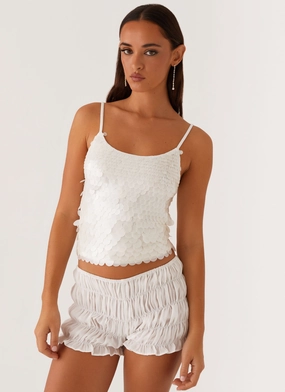 Britta Sequin Cami Top - White Oversized Collar Stretchable Material