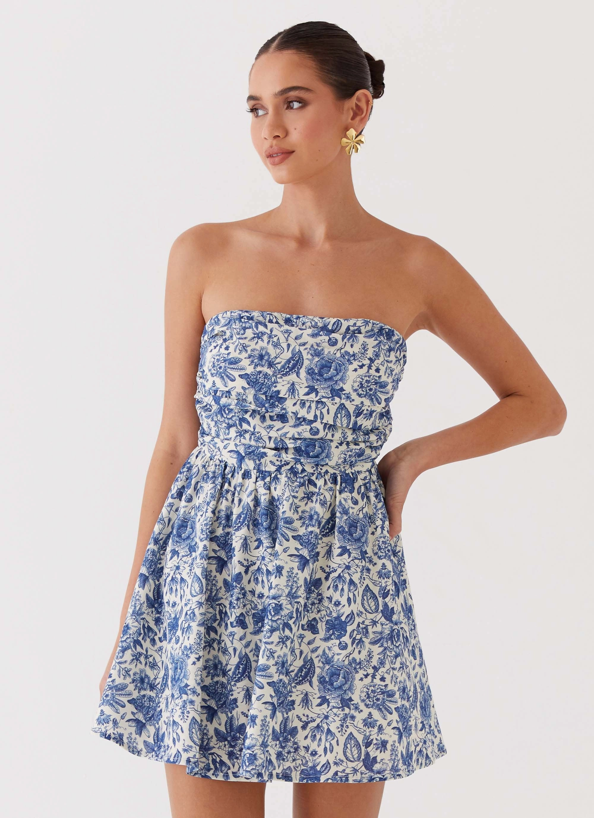 Flare Hem Feminine Structure Forget Me Not Linen Mini Dress - Blue Paisley