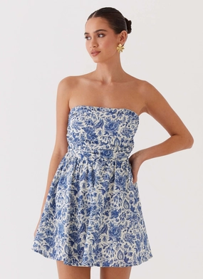 Flare Hem Feminine Structure Forget Me Not Linen Mini Dress - Blue Paisley