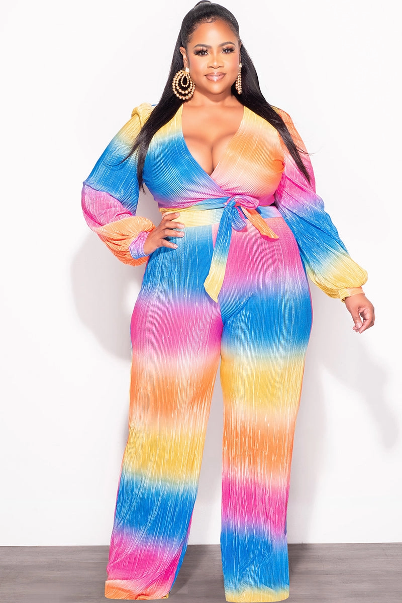 Final Sale Plus Size 2pc Pleated Faux Wrap Bow Tie Top and Pants Set in Fuchsia Orange and Mustard and Royal Blue Versatile Design Soft Lines