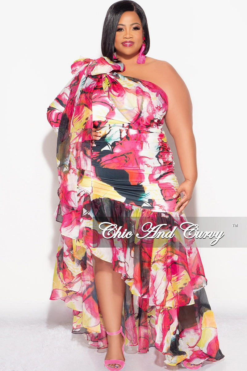 Final Sale Plus Size 2pc Chiffon One Shoulder Crop Tie Top and Asymmetrical Highlow Ruffle Layered Skirt Set in Fuchsia and Yellow Low-rise style Comfort Fit Wear