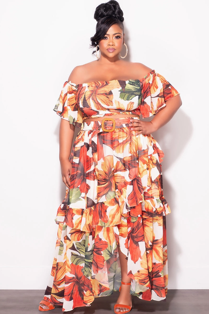 Stylish Layers Final Sale Plus Size Chiffon 2pc Set with Belt in Rust Leaf Print