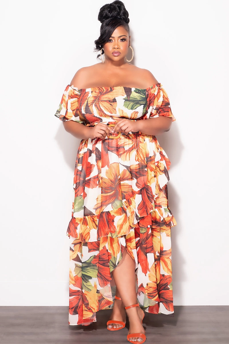 Premium Look Final Sale Plus Size Chiffon 2pc Set with Belt in Rust Leaf Print