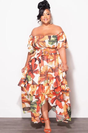 Final Sale Plus Size Chiffon 2pc Set with Belt in Rust Leaf Print MultiPocketSystem FourWayStretch
