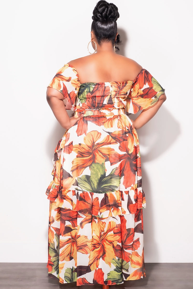 Timeless Wear Performance Support Final Sale Plus Size Chiffon 2pc Set with Belt in Rust Leaf Print