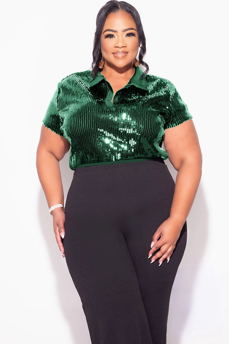 Final Sale Plus Size Collar Sequin Top in Green HighDensity Knit Moisture Wicking Fabric