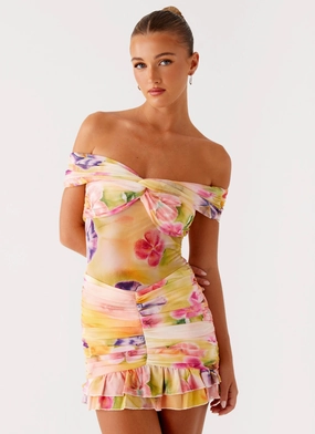 Frances Mini Dress - Sunburst Floral Textured Surface Beauty Feel