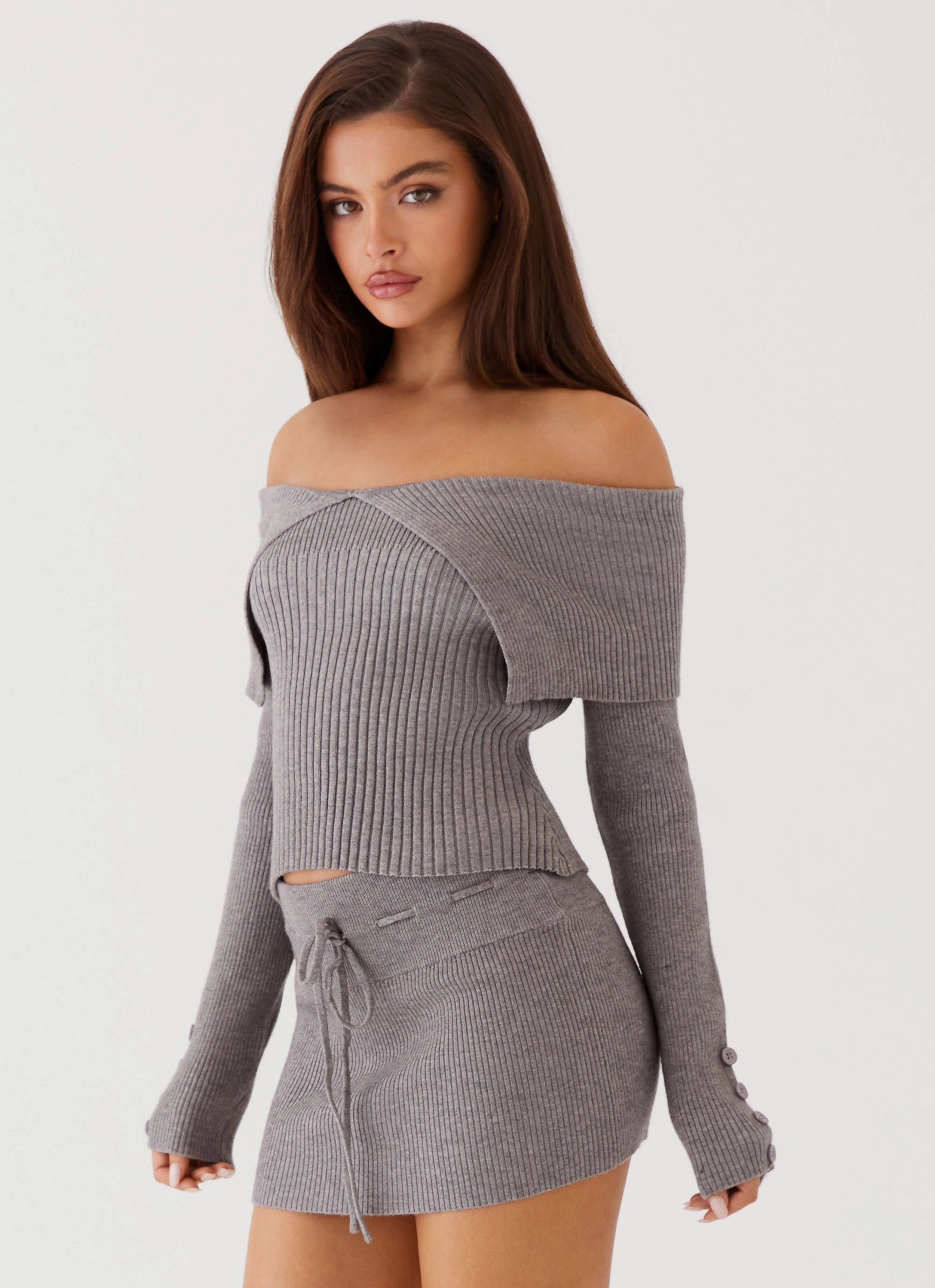 Machine Washable Fabric Frankie Arrow Knit Long Sleeve Top - Charcoal