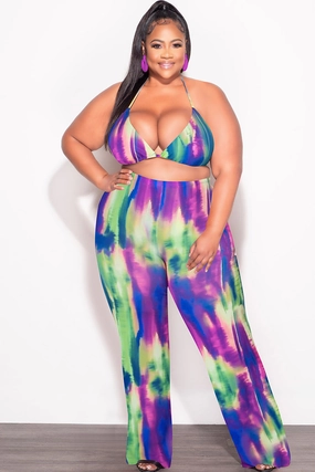 *Final Sale Plus Size  3pc Poolside Playsuit (Top, High Waist Bottoms & Pants) Set in Neon Watercolors Breathable Mesh Panels