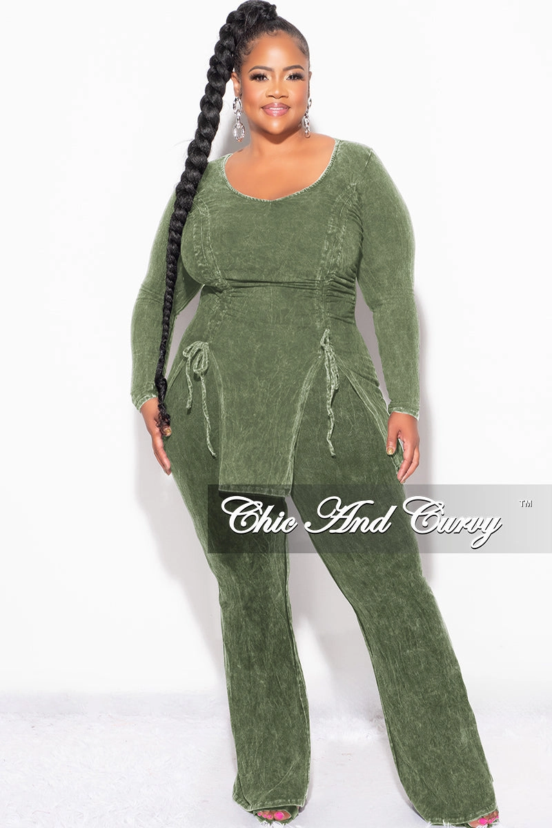 Final Sale Plus Size 2pc Ruched Drawstring Double Slit Top and Pants Set in Green Denim finish