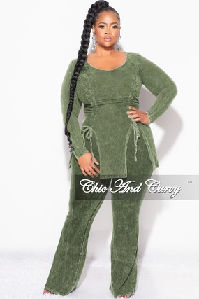 Final Sale Plus Size 2pc Ruched Drawstring Double Slit Top and Pants Set in Green Flattering Comfort Wear Easy Access