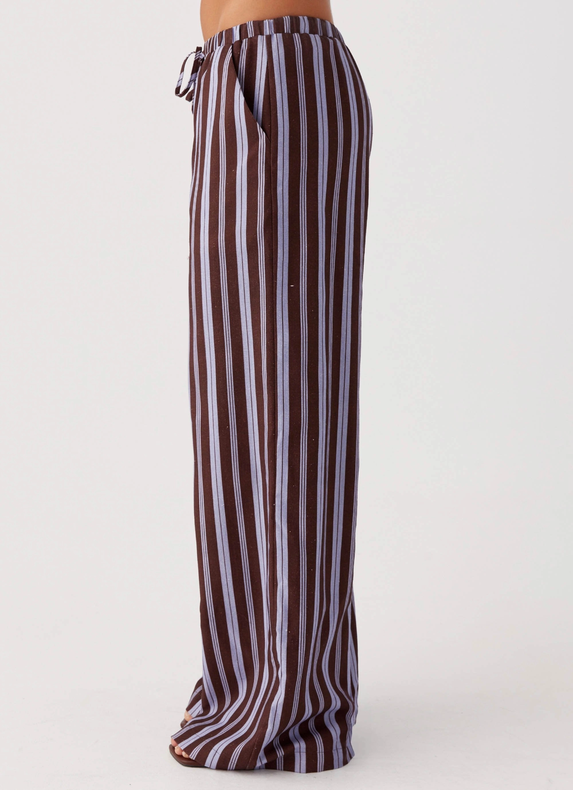 Low Profile Casual Comfort Wear Fresh Face Linen Pants - Purple Brown Stripe