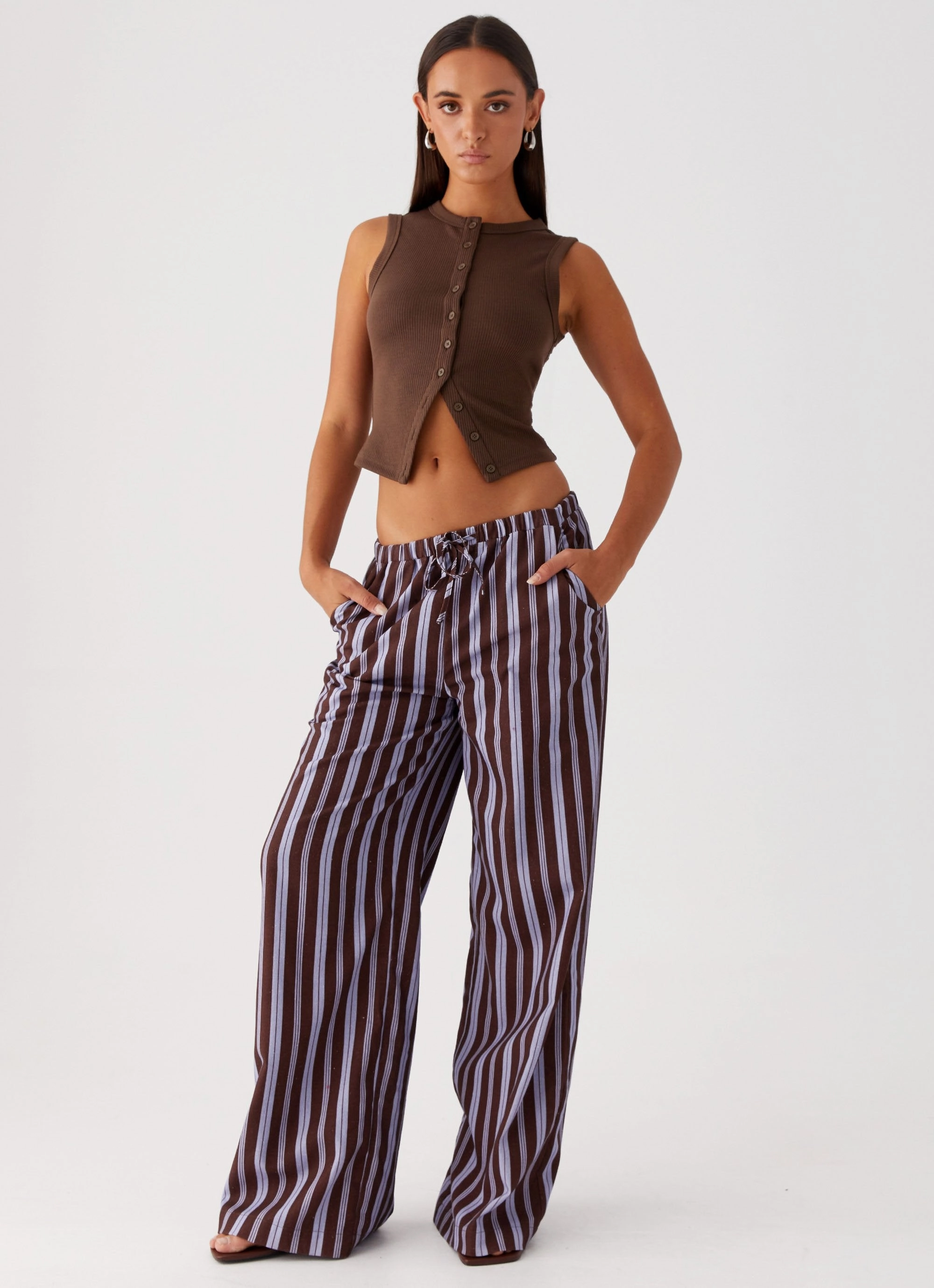 Flexible Fit Fresh Face Linen Pants - Purple Brown Stripe