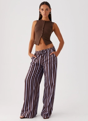 Flexible Fit Fresh Face Linen Pants - Purple Brown Stripe