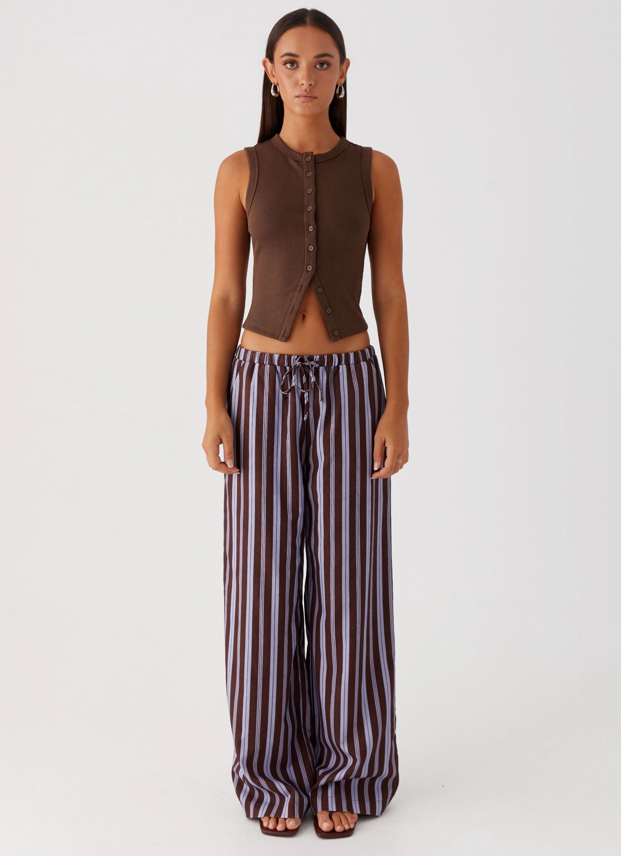 Stretchable Design Distressed finish Fresh Face Linen Pants - Purple Brown Stripe