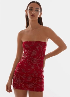 Moorey Beaded Mini Dress - Red Relaxed Fit Design