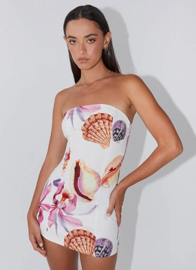 Structured Fit Asymmetric-Neck Freya Linen Mini Dress - Seaside Bouquet