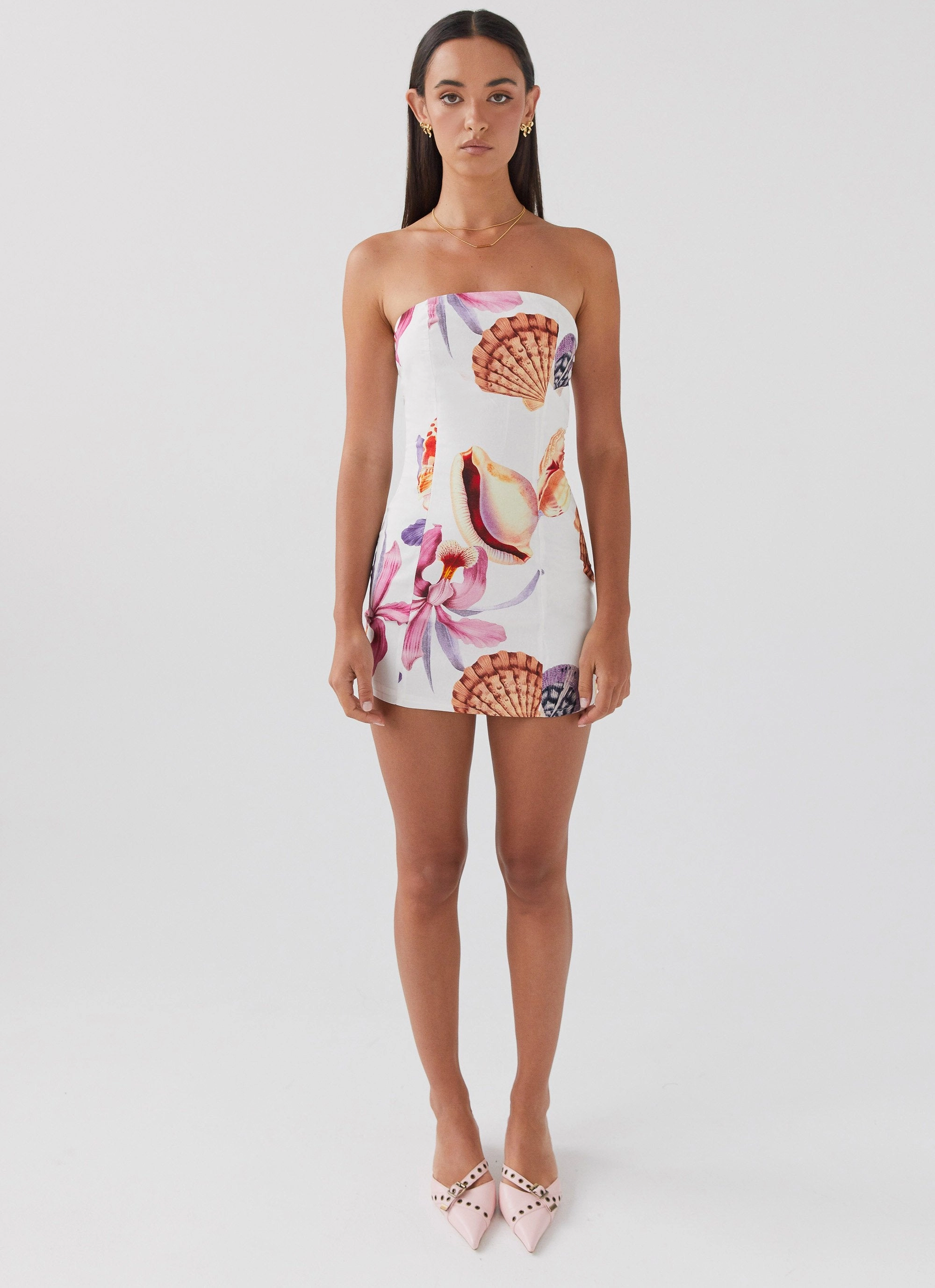 Freya Linen Mini Dress - Seaside Bouquet Elegant Fabric Soft Tone