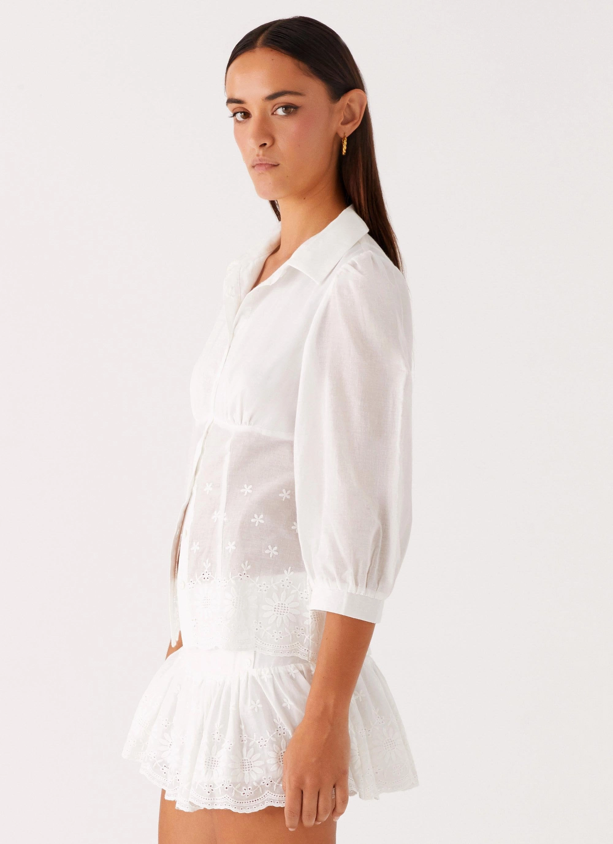 All Weather Performance Fabric Scoop Neck Shape Frida Broderie Top - White