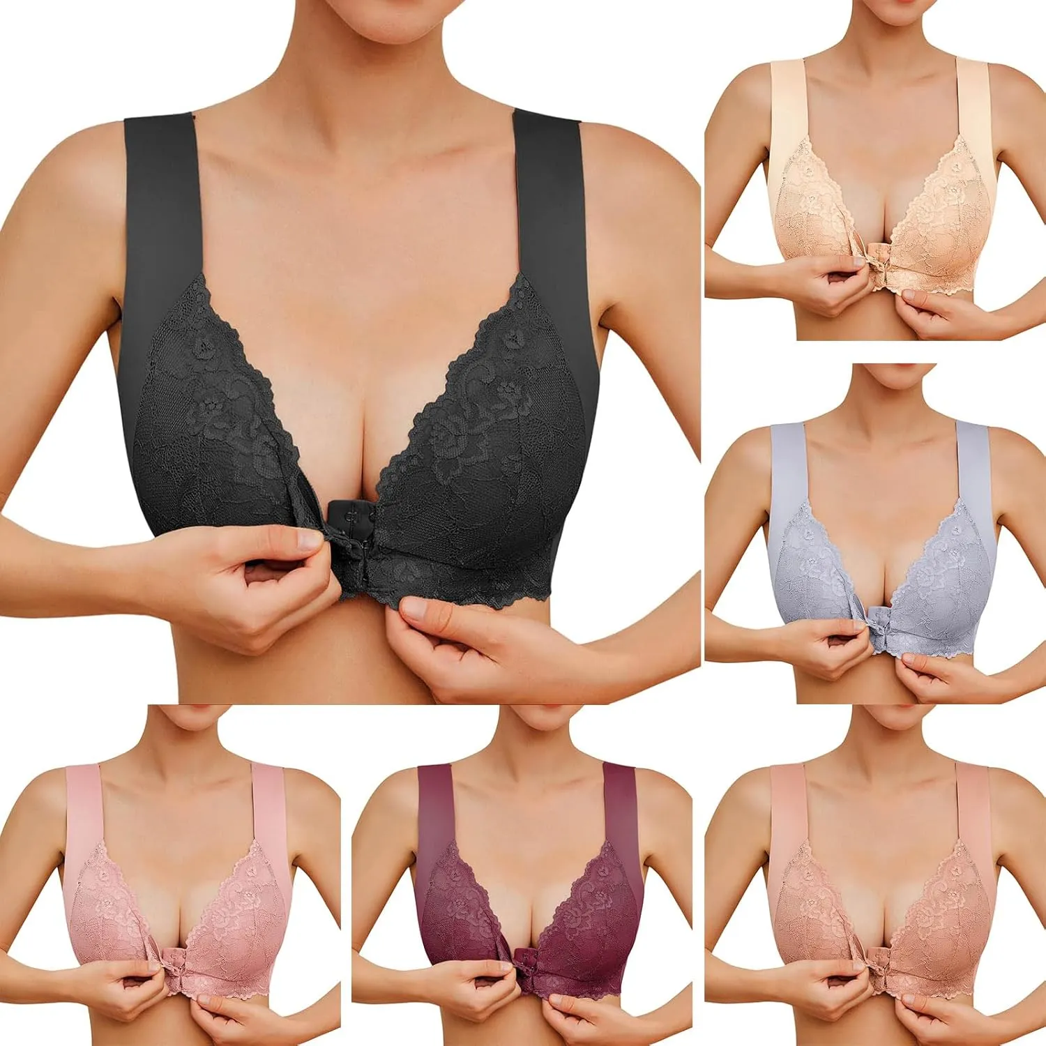 Front Closure Lace Bras for Women No Underwire Push Up Bras Full Coverage Push Up Bralettes Front Close Hook Bras