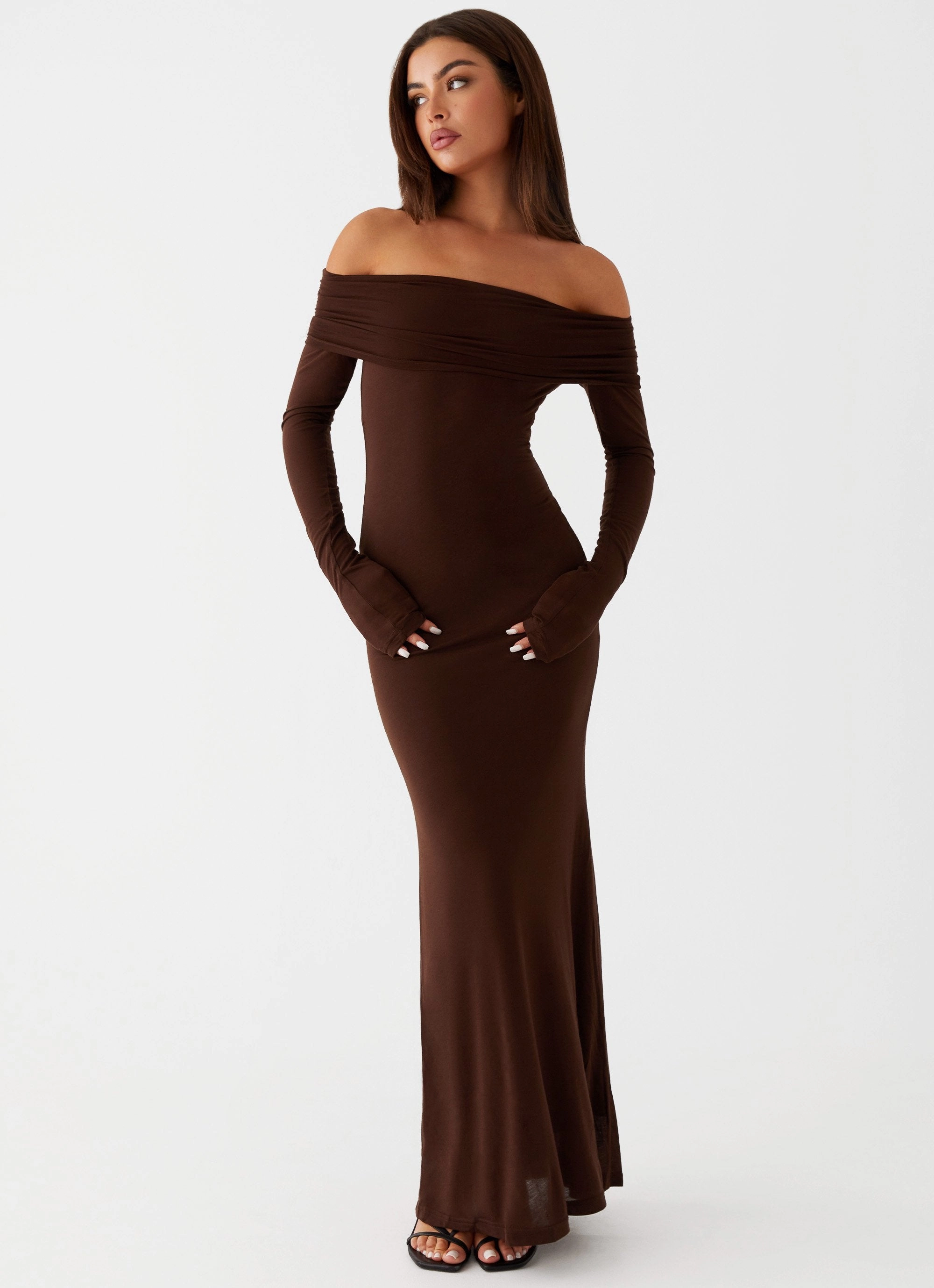 Cocoa Long Sleeve Maxi Dress - Chocolate Soft Texture Solid-color
