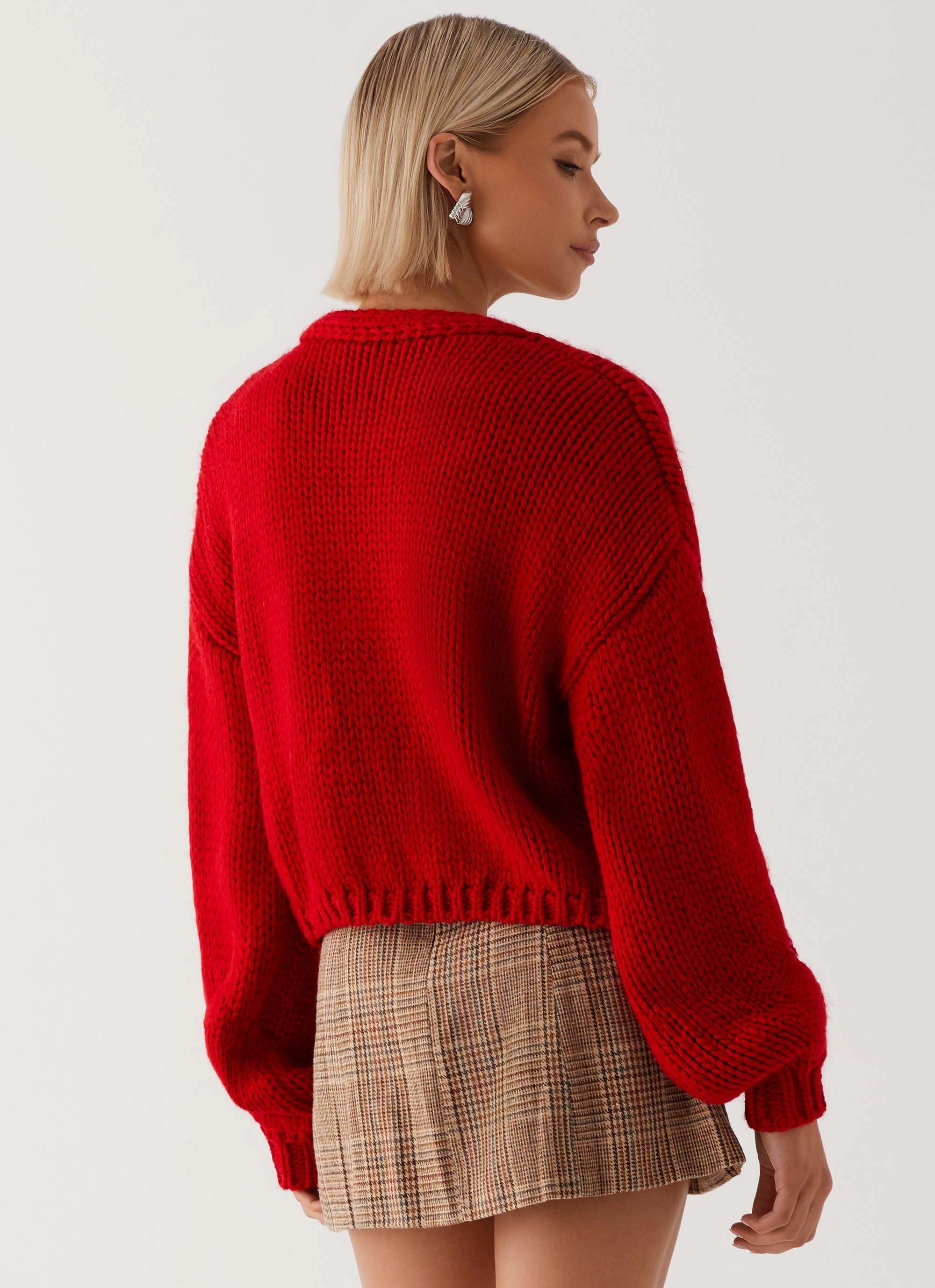 Jasleen Knit Cardigan - Red Reinforced Elbow Panels Fashion Forward