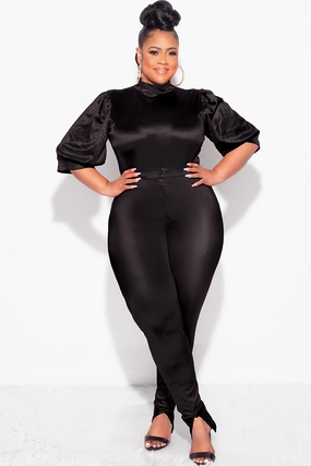 Casual Chic Tough Build Final Sale Plus Size 2pc Satin Puffy Short Sleeve Bodysuit and Pants Set in Black