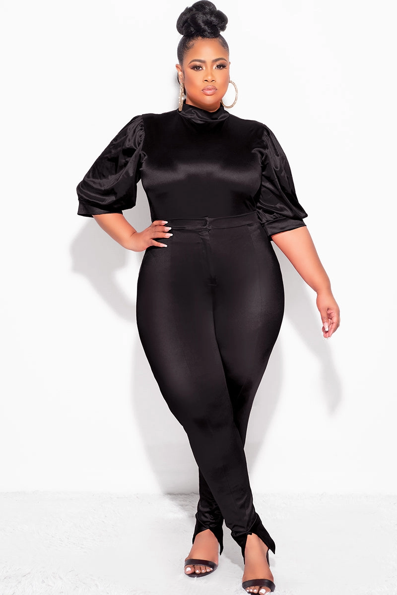 Flattering Shape Double Needle Stitching Final Sale Plus Size 2pc Satin Puffy Short Sleeve Bodysuit and Pants Set in Black