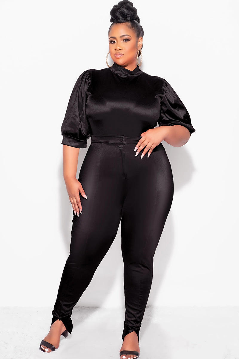 Final Sale Plus Size 2pc Satin Puffy Short Sleeve Bodysuit and Pants Set in Black Outfit Staple Denim finish