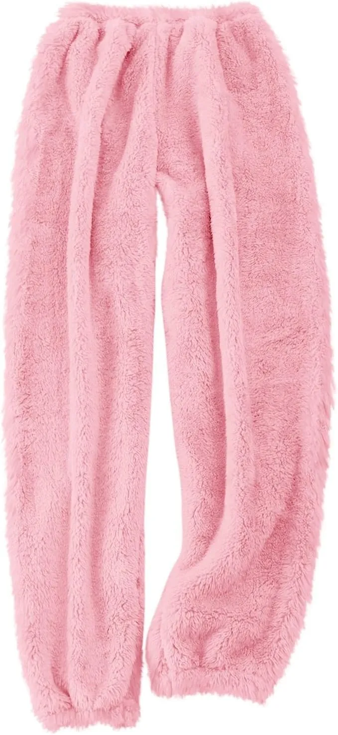 Fuzzy Fleece Pajama Pants Women Soft Plush Fluffy Jogger Pj Pants Cute Elastic Waist Winter Warm Comfy Lounge Pants