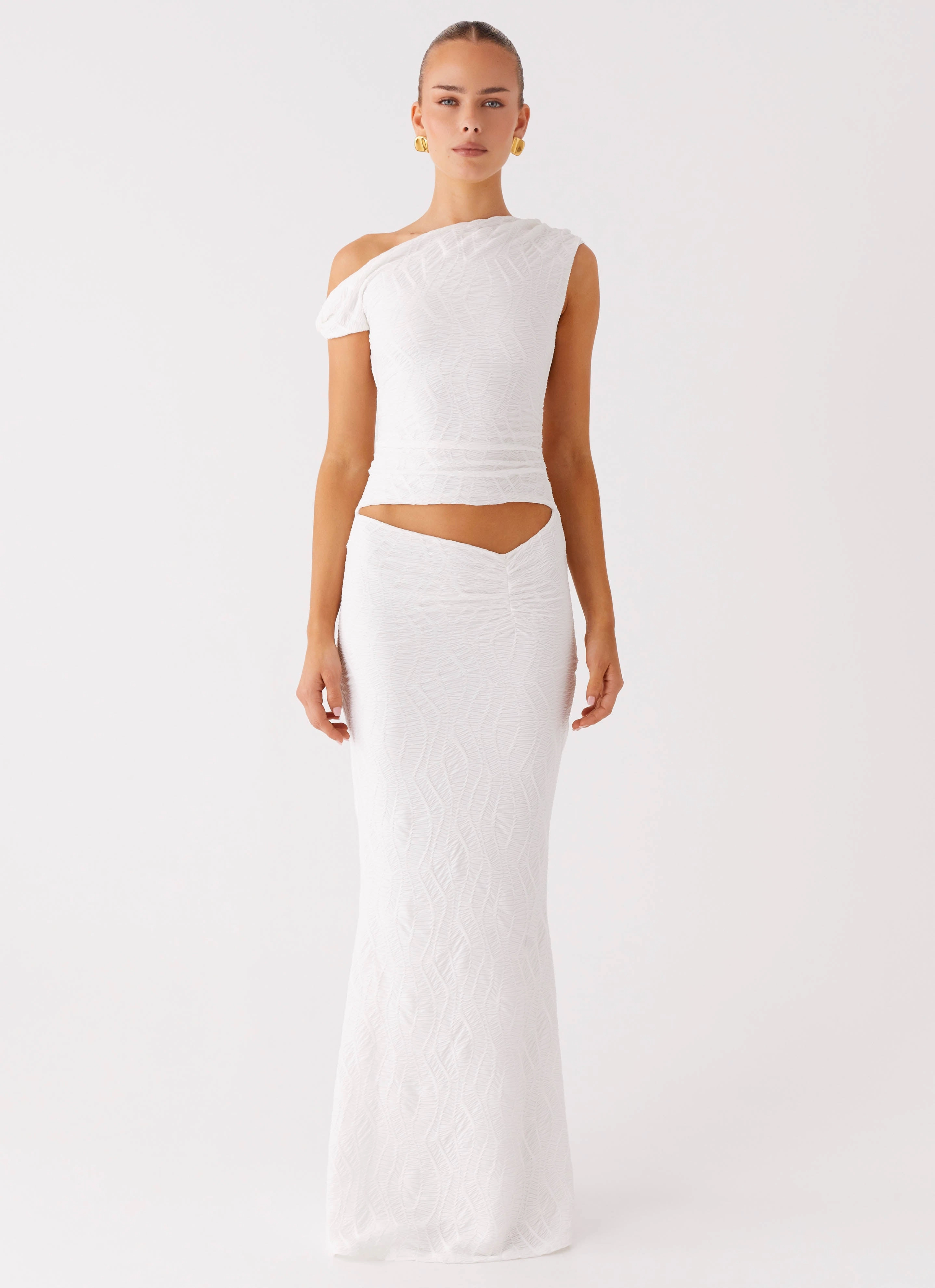 Delicate Touch Natural Form Galantis One Shoulder Maxi Dress - White