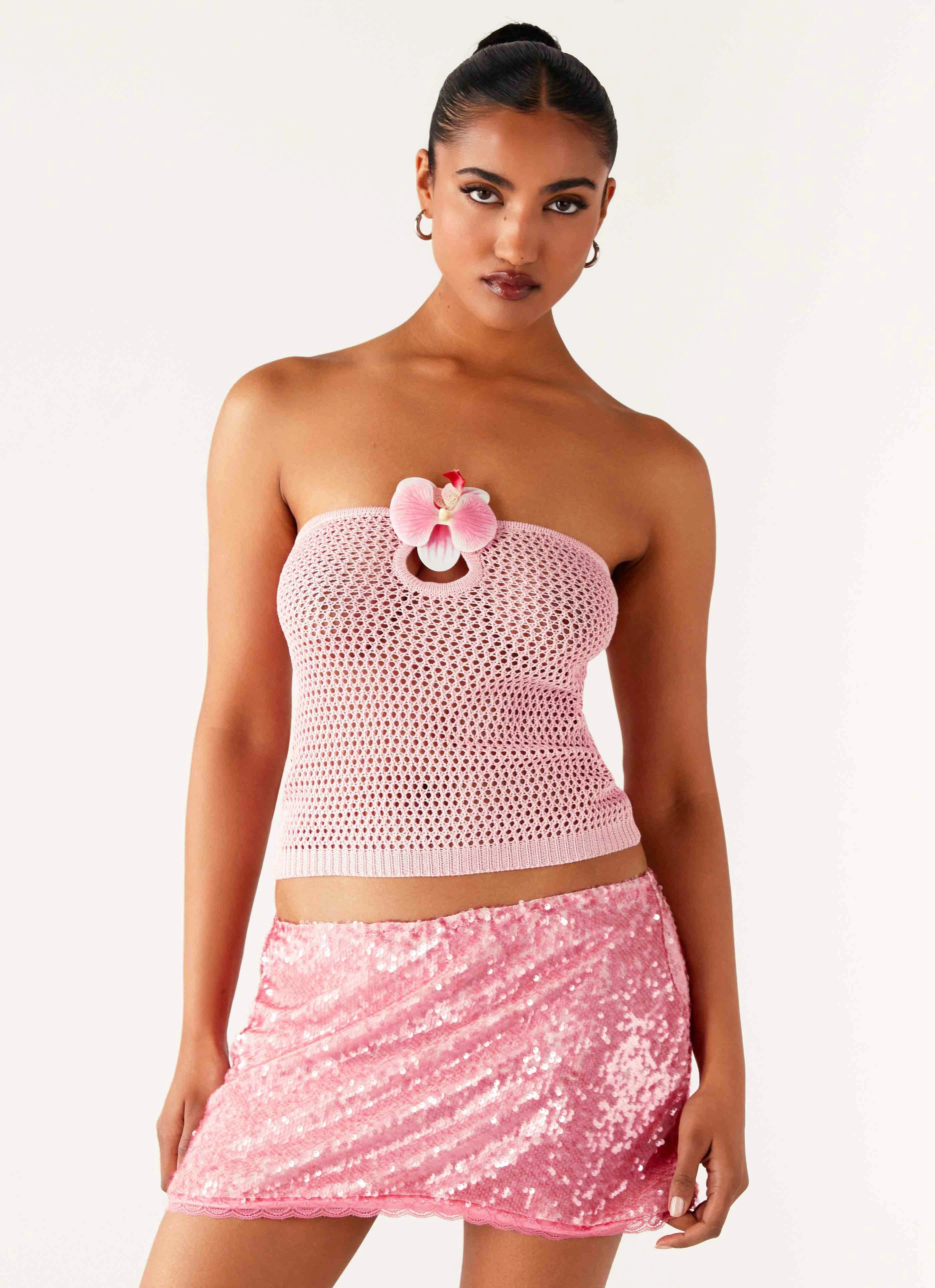 Galia Crochet Top - Pink WrinkleResistantTextile Curved Hem Design