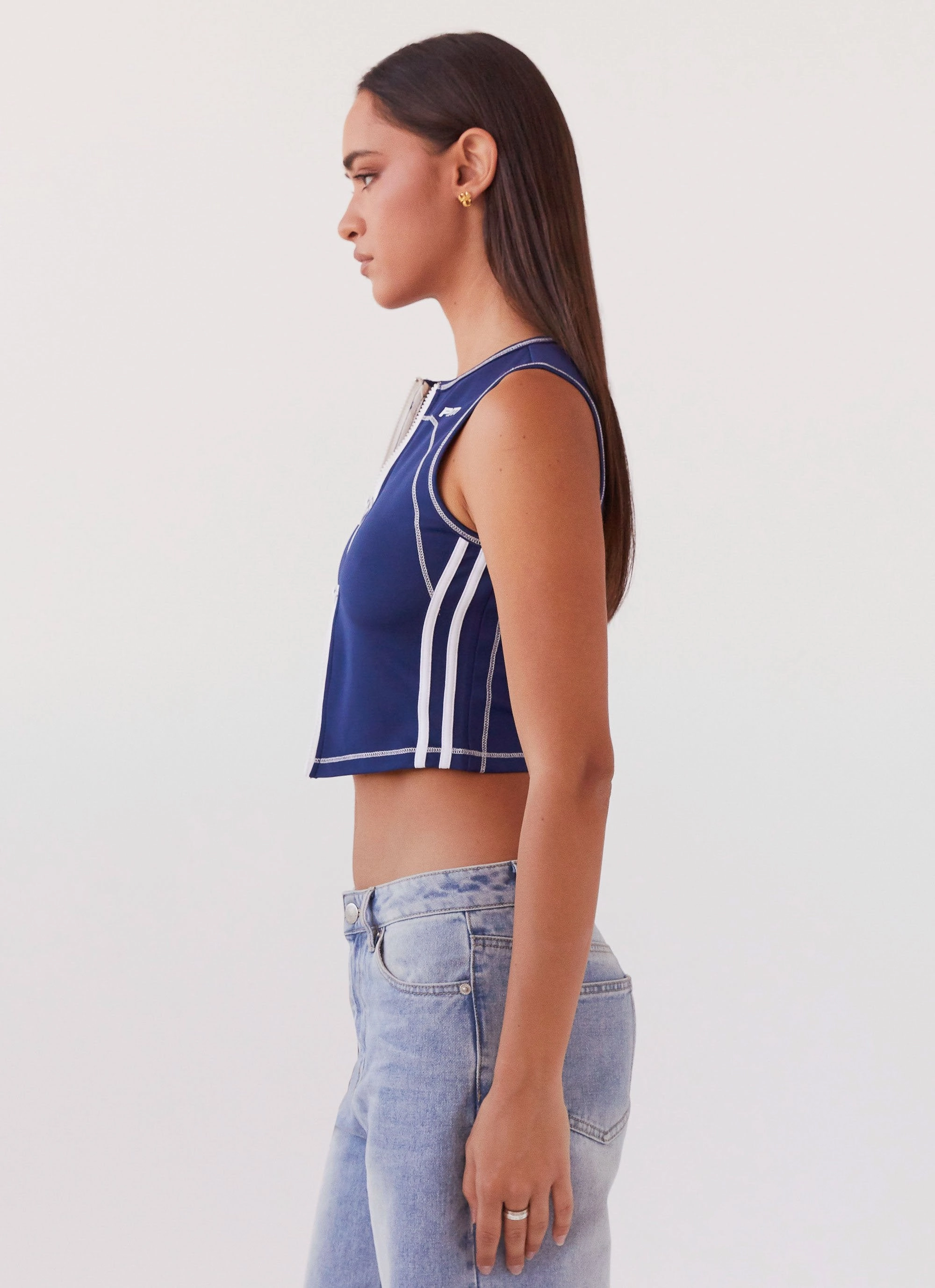 Game Face Sleeveless Top - Space Blue Sandwich Mesh Panel Structure