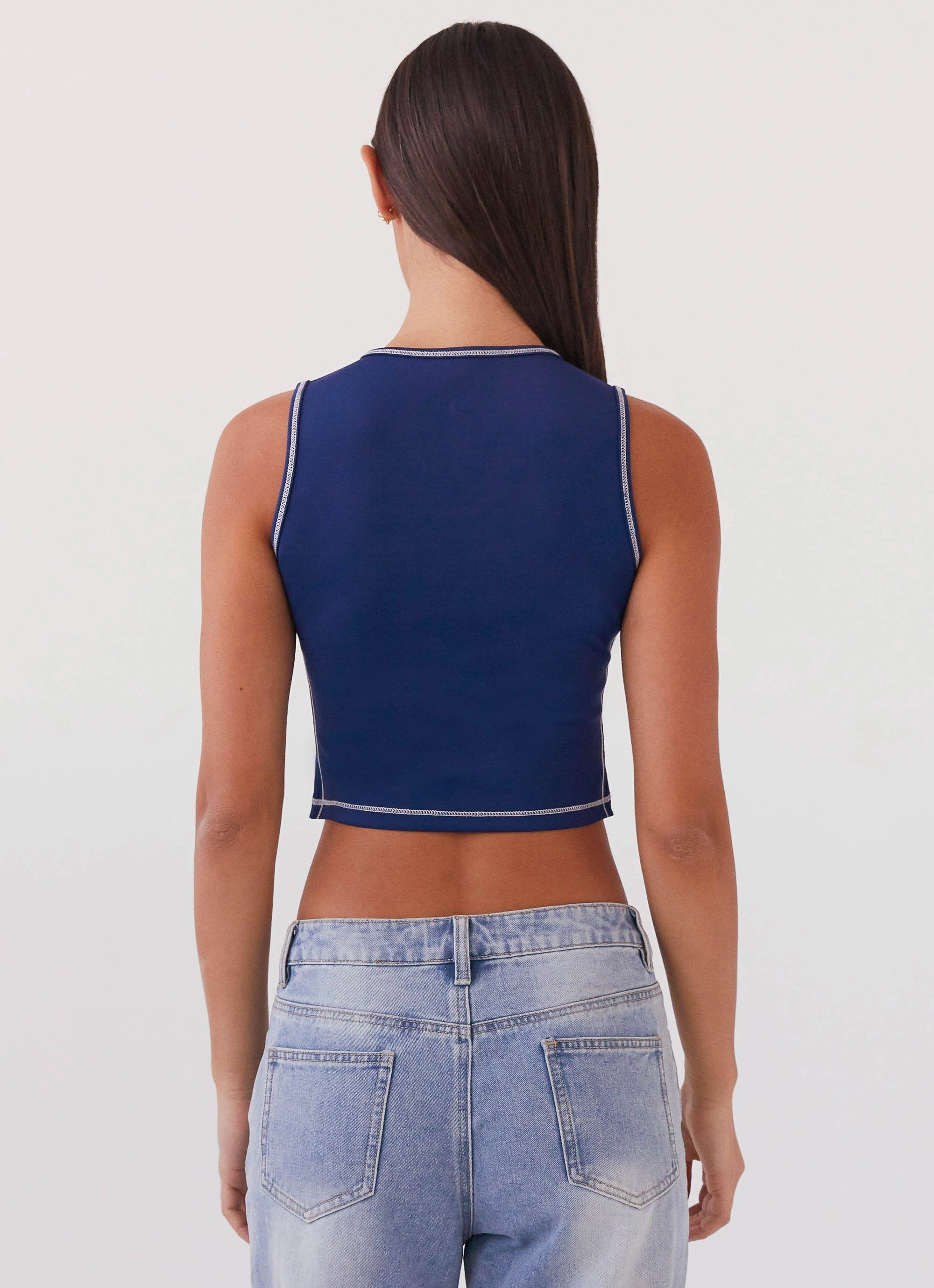 Game Face Sleeveless Top - Space Blue Mesh Panel Details Ribbed Hemline
