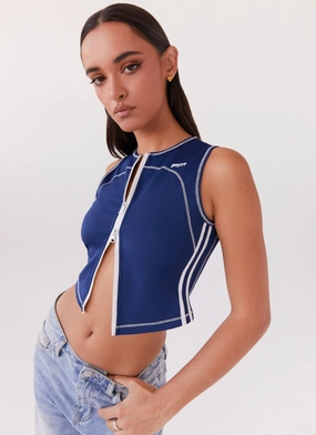 Double Layered Fabric Game Face Sleeveless Top - Space Blue