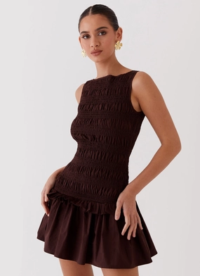 Relaxed Wear Garden Kisses Shirred Mini Dress - Chocolate