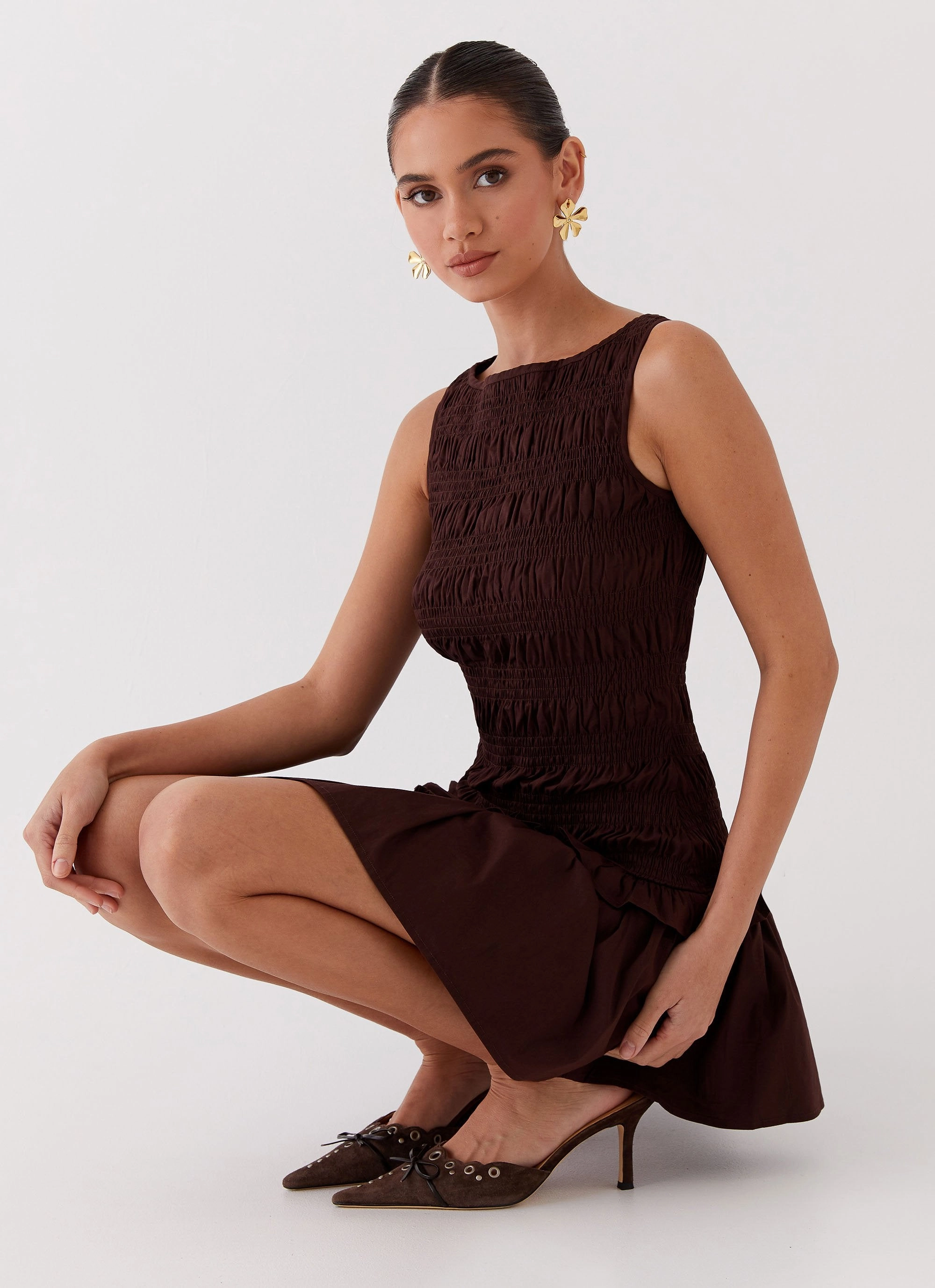 Garden Kisses Shirred Mini Dress - Chocolate Breezy Comfort Polished Cut