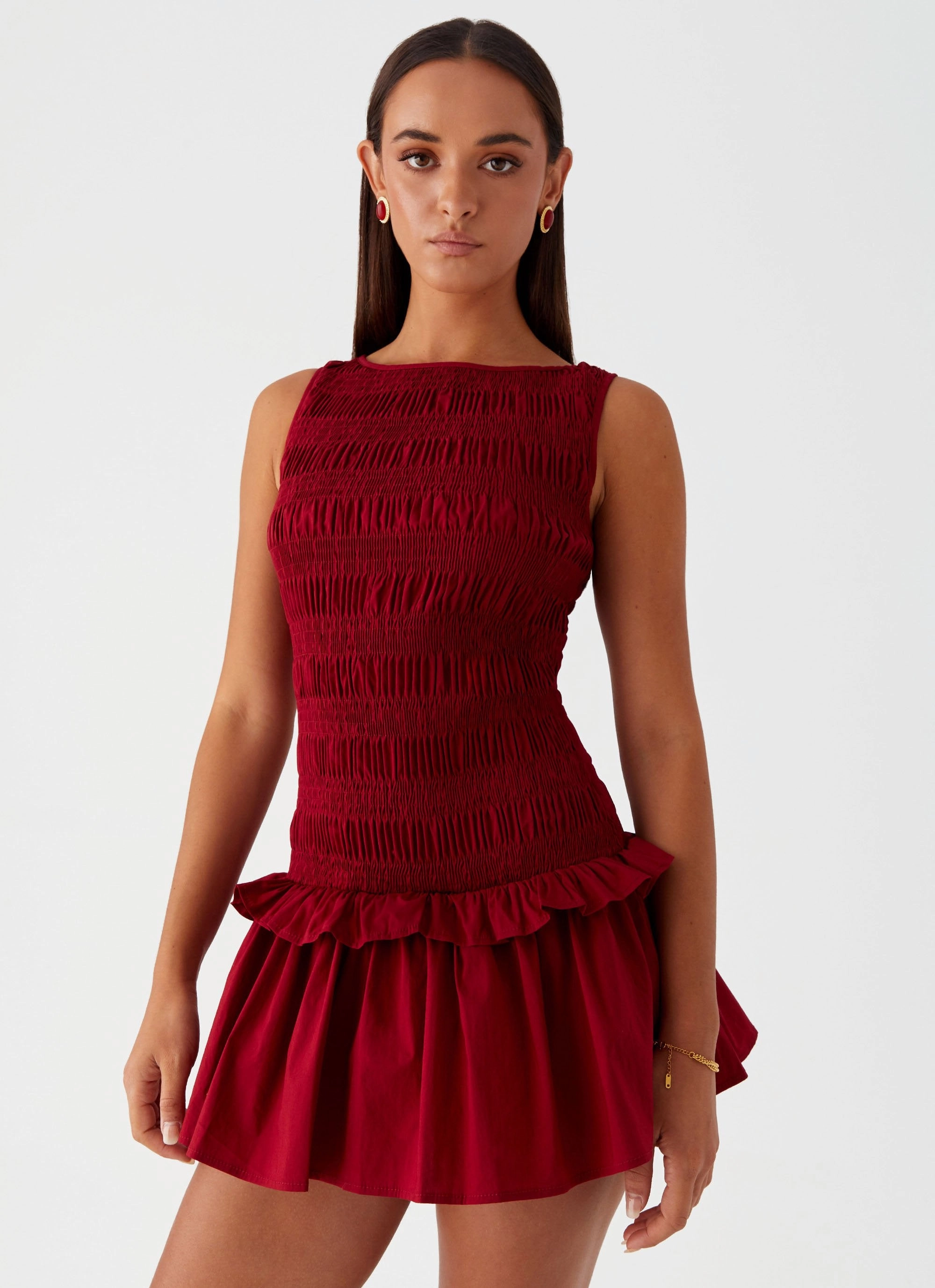 Garden Kisses Shirred Mini Dress - Maroon Light Bow