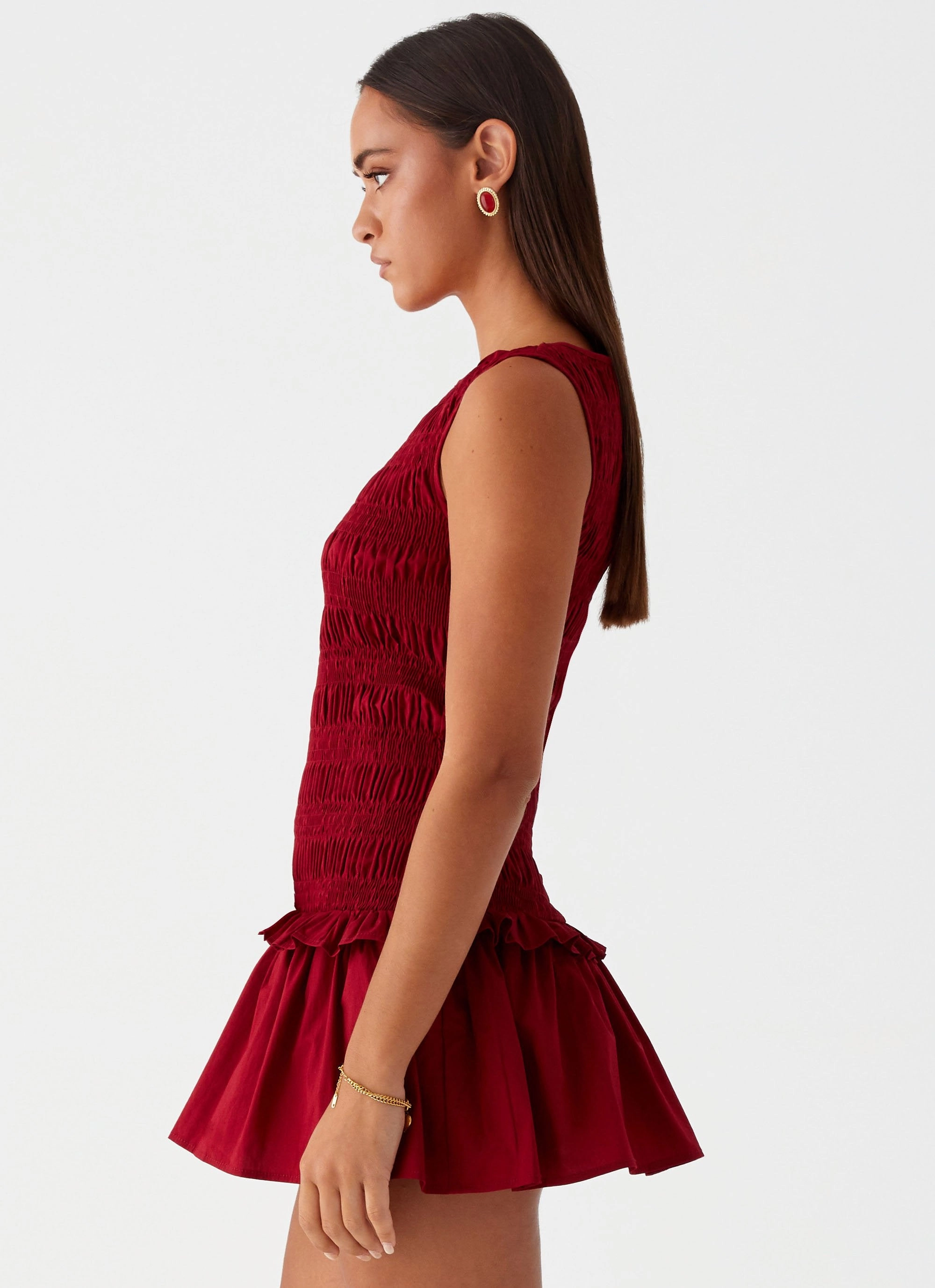 Quilted-Lining Garden Kisses Shirred Mini Dress - Maroon