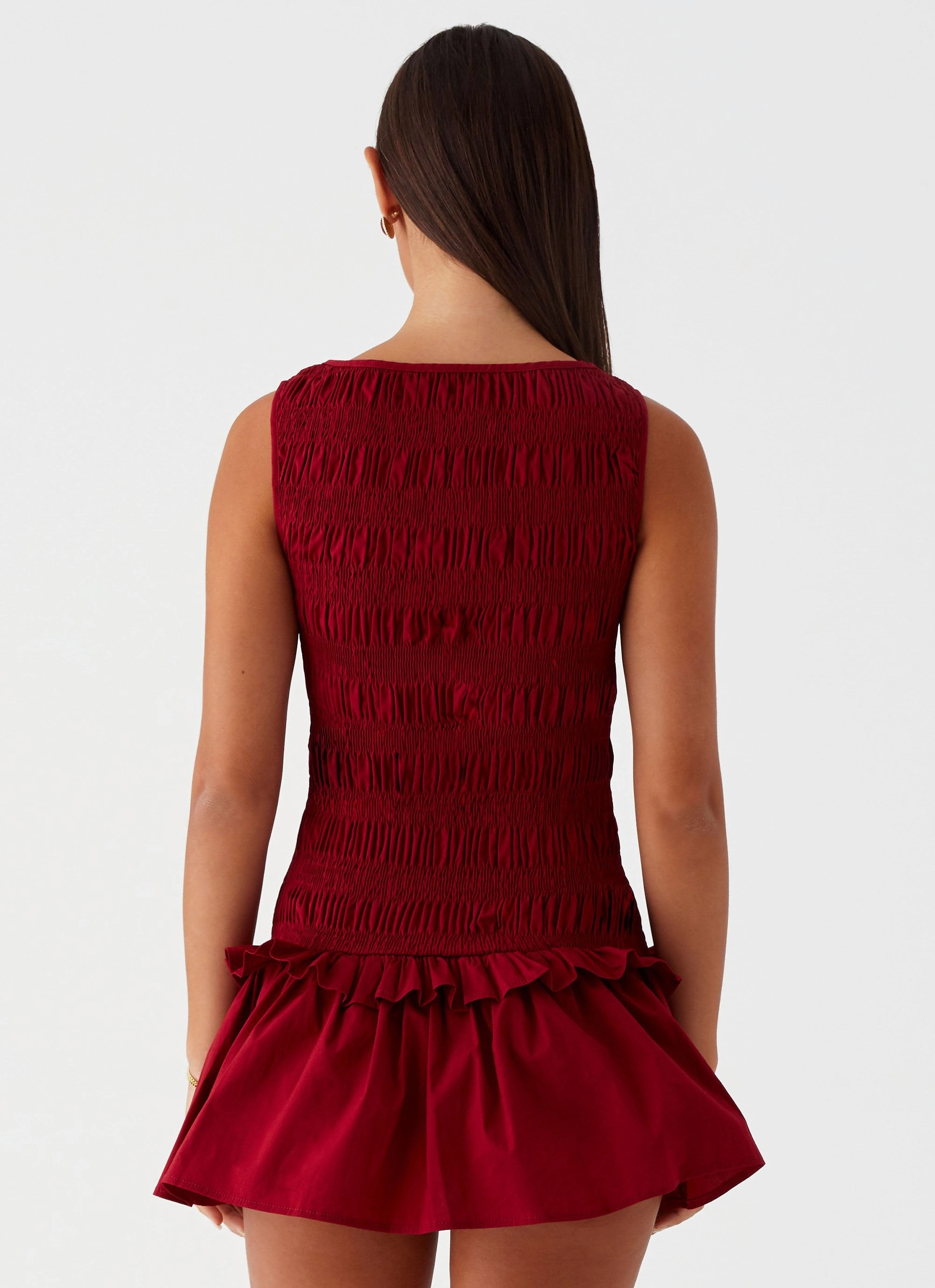Peace Glow Garden Kisses Shirred Mini Dress - Maroon