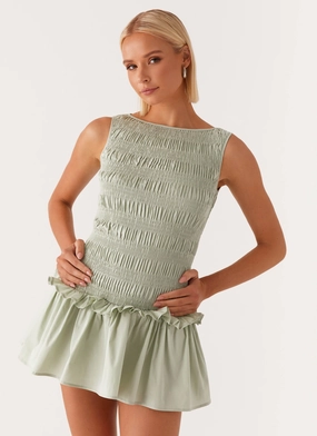 Garden Kisses Shirred Mini Dress - Sage Subtle Charm