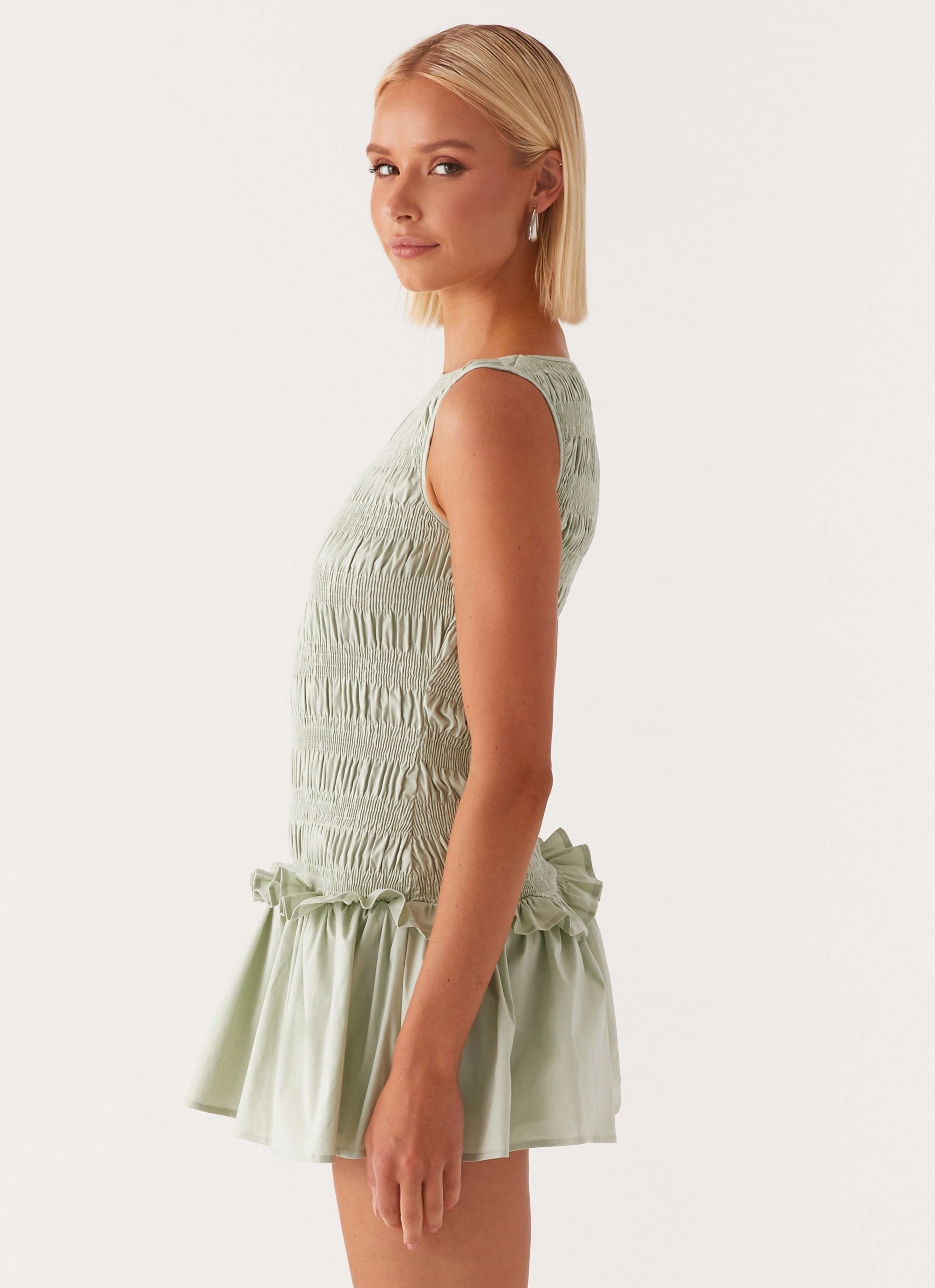 Smart Waistband Fit Garden Kisses Shirred Mini Dress - Sage