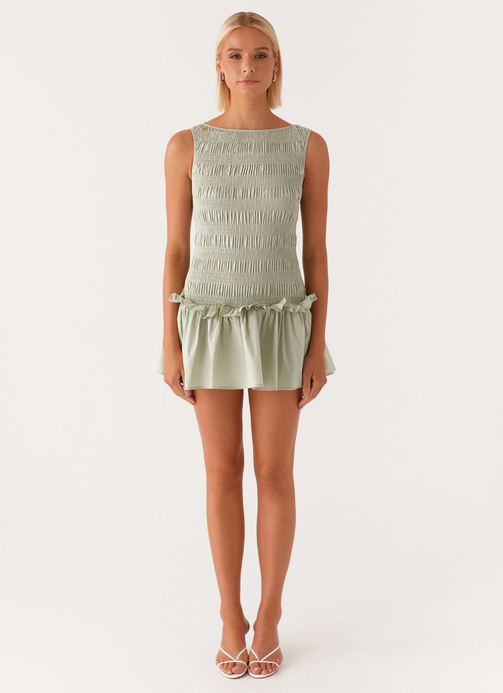 Garden Kisses Shirred Mini Dress - Sage Modern Lines