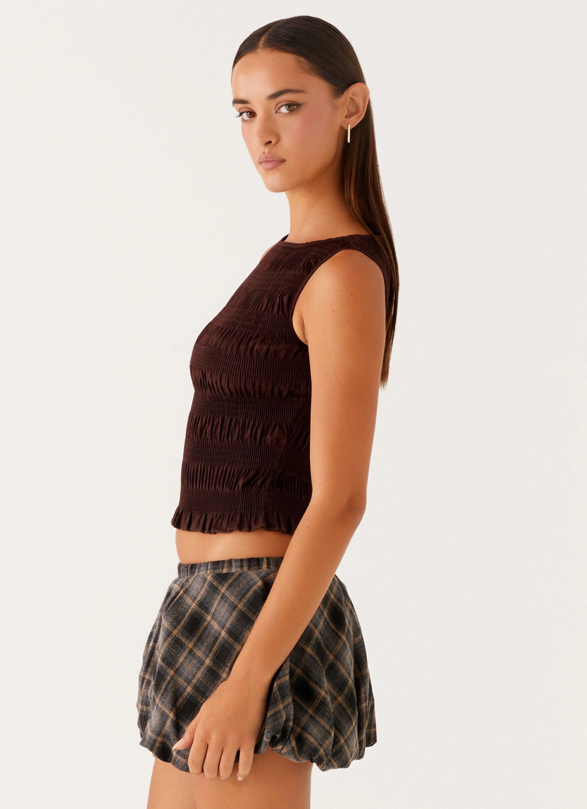 Garden Kisses Shirred Top - Brown Durable Interlock Stitch